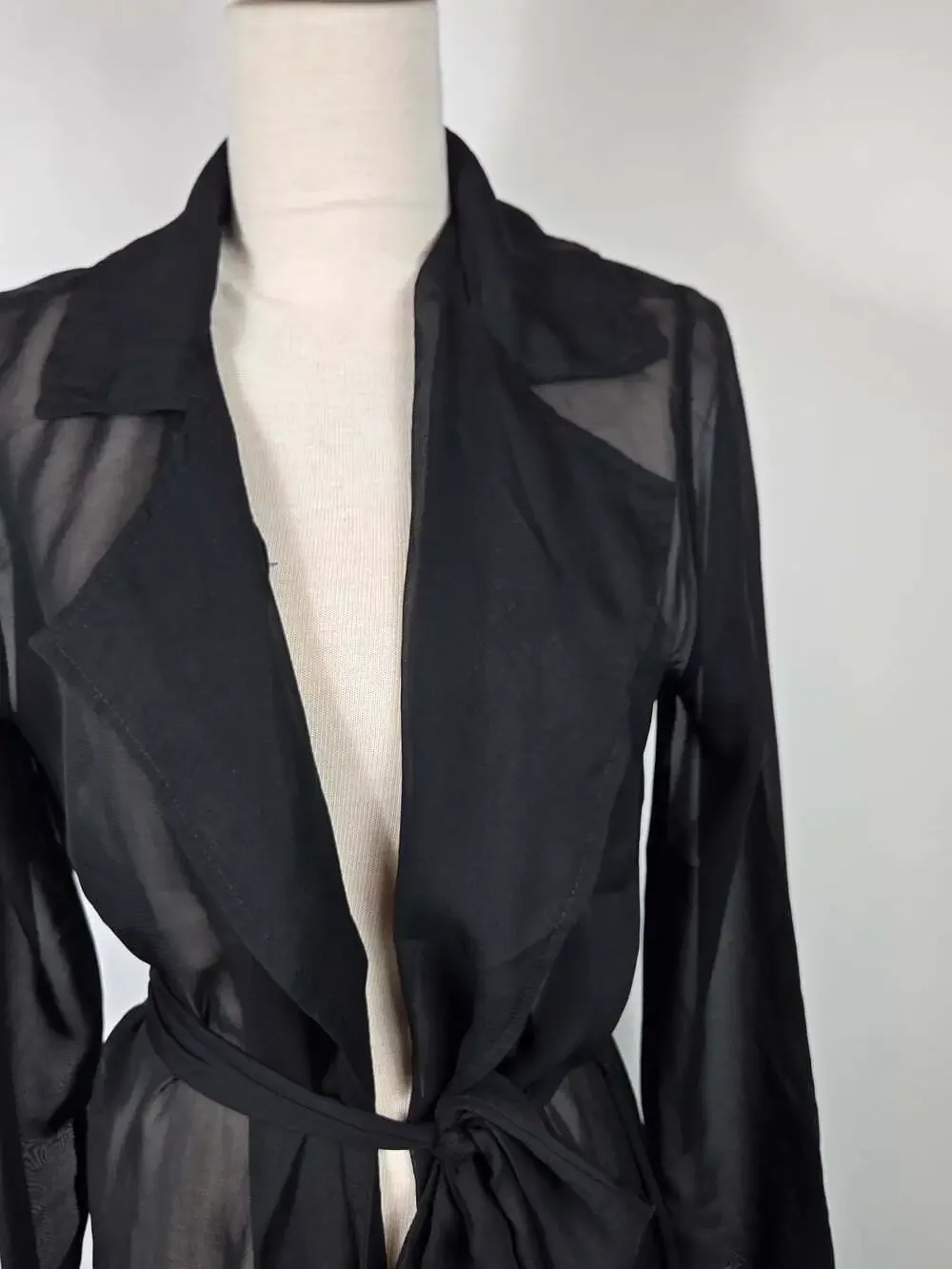 Lux LA Sheer Black Mesh Maxi Duster Robe Tie Waist Y2K Goth M